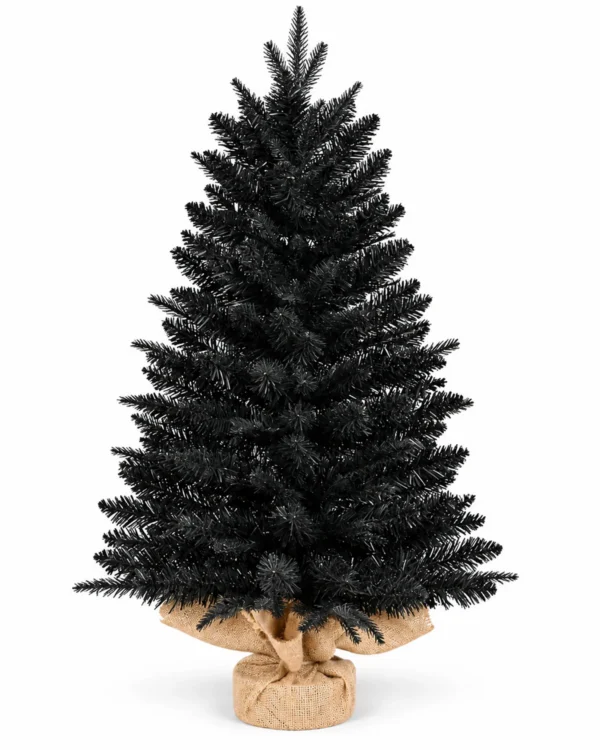 2 ft Black Artificial Tabletop Christmas Tree, 159 PE/PVC Tips, Unlit Mini Tree with Burlap Wrapped Base for Christmas and Halloween Decor