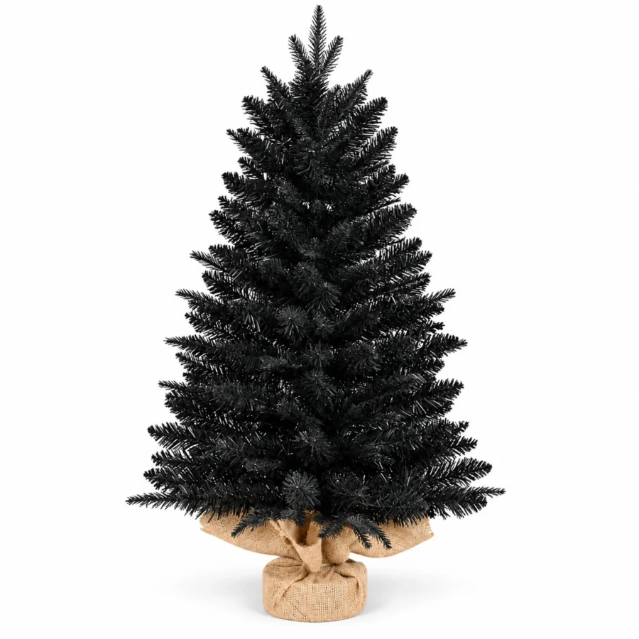 2 ft Black Artificial Tabletop Christmas Tree, 159 PE/PVC Tips, Unlit Mini Tree with Burlap Wrapped Base for Christmas and Halloween Decor
