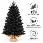 2 ft Black Artificial Tabletop Christmas Tree, 159 PE/PVC Tips, Unlit Mini Tree with Burlap Wrapped Base for Christmas and Halloween Decor
