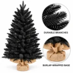 2 ft Black Artificial Tabletop Christmas Tree, 159 PE/PVC Tips, Unlit Mini Tree with Burlap Wrapped Base for Christmas and Halloween Decor