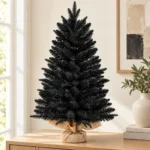 2 ft Black Artificial Tabletop Christmas Tree, 159 PE/PVC Tips, Unlit Mini Tree with Burlap Wrapped Base for Christmas and Halloween Decor