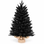2.5 ft Black Artificial Tabletop Christmas Tree, 265 PE/PVC Tips, Unlit Tree with Burlap Wrapped Base for Monochrome Christmas and Halloween Decor