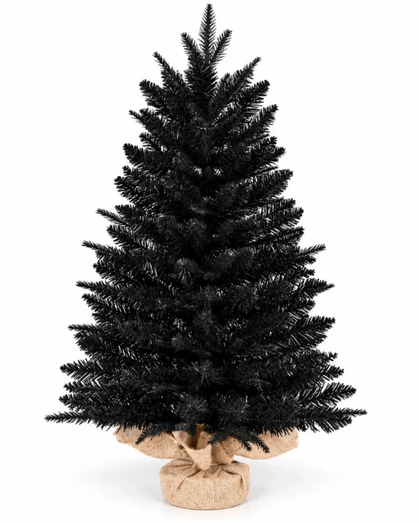 2.5 ft Black Artificial Tabletop Christmas Tree, 265 PE/PVC Tips, Unlit Tree with Burlap Wrapped Base for Monochrome Christmas and Halloween Decor