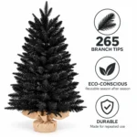 2.5 ft Black Artificial Tabletop Christmas Tree, 265 PE/PVC Tips, Unlit Tree with Burlap Wrapped Base for Monochrome Christmas and Halloween Decor