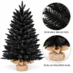 2.5 ft Black Artificial Tabletop Christmas Tree, 265 PE/PVC Tips, Unlit Tree with Burlap Wrapped Base for Monochrome Christmas and Halloween Decor