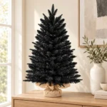 2.5 ft Black Artificial Tabletop Christmas Tree, 265 PE/PVC Tips, Unlit Tree with Burlap Wrapped Base for Monochrome Christmas and Halloween Decor