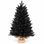 3 ft Black Artificial Tabletop Christmas Tree, 350 PE/PVC Tips, Unlit Tree with Burlap Wrapped Base for Christmas and Halloween Decorations