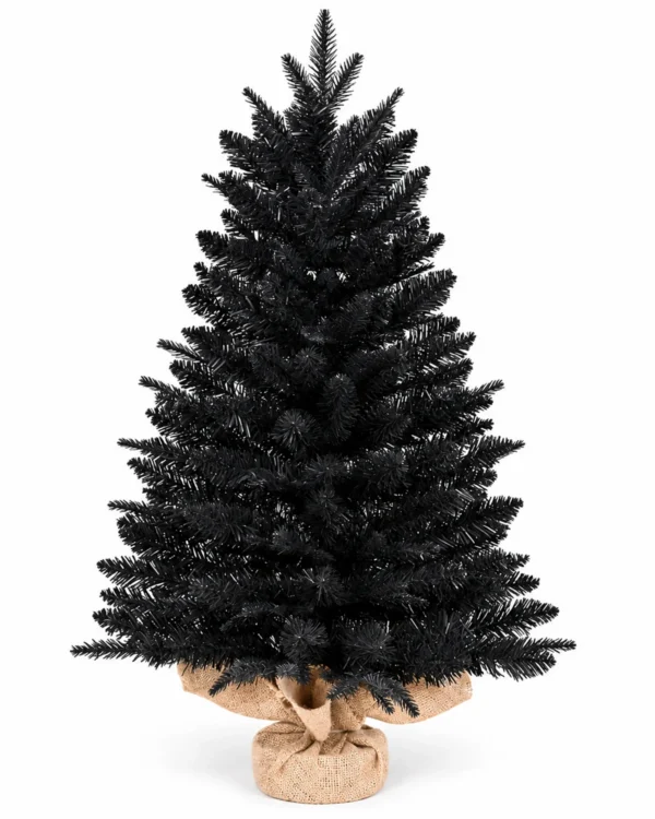 3 ft Black Artificial Tabletop Christmas Tree, 350 PE/PVC Tips, Unlit Tree with Burlap Wrapped Base for Christmas and Halloween Decorations