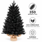 3 ft Black Artificial Tabletop Christmas Tree, 350 PE/PVC Tips, Unlit Tree with Burlap Wrapped Base for Christmas and Halloween Decorations