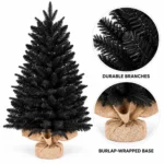 3 ft Black Artificial Tabletop Christmas Tree, 350 PE/PVC Tips, Unlit Tree with Burlap Wrapped Base for Christmas and Halloween Decorations
