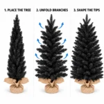 3 ft Black Artificial Tabletop Christmas Tree, 350 PE/PVC Tips, Unlit Tree with Burlap Wrapped Base for Christmas and Halloween Decorations