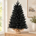 3 ft Black Artificial Tabletop Christmas Tree, 350 PE/PVC Tips, Unlit Tree with Burlap Wrapped Base for Christmas and Halloween Decorations