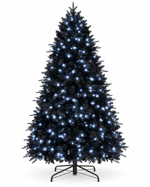 4 ft Prelit Black Artificial Christmas Tree with 150 White LED Lights, 666 PE/PVC Tips, Hinged Branches and Metal Stand for Holiday Decor