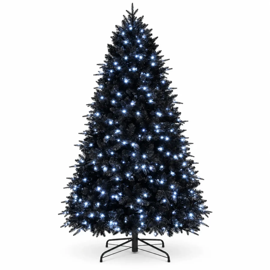 4 ft Prelit Black Artificial Christmas Tree with 150 White LED Lights, 666 PE/PVC Tips, Hinged Branches and Metal Stand for Holiday Decor