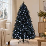 4 ft Prelit Black Artificial Christmas Tree with 150 White LED Lights, 666 PE/PVC Tips, Hinged Branches and Metal Stand for Holiday Decor