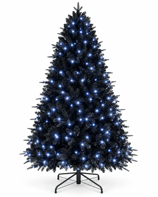 5 ft Prelit Black Artificial Christmas Tree with 250 White LED Lights, 1,076 PE/PVC Tips, Hinged Branches and Metal Stand