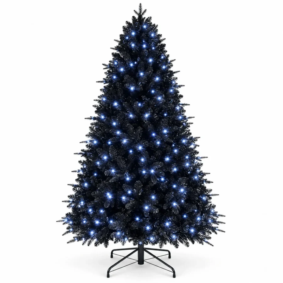 5 ft Prelit Black Artificial Christmas Tree with 250 White LED Lights, 1,076 PE/PVC Tips, Hinged Branches and Metal Stand