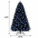 5 ft Prelit Black Artificial Christmas Tree with 250 White LED Lights, 1,076 PE/PVC Tips, Hinged Branches and Metal Stand