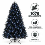 5 ft Prelit Black Artificial Christmas Tree with 250 White LED Lights, 1,076 PE/PVC Tips, Hinged Branches and Metal Stand