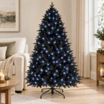5 ft Prelit Black Artificial Christmas Tree with 250 White LED Lights, 1,076 PE/PVC Tips, Hinged Branches and Metal Stand