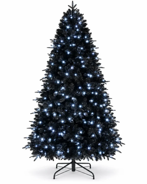 6 ft Prelit Black Artificial Christmas Tree with 350 White LED Lights, 1,460 PE/PVC Tips, Hinged Branches and Metal Stand
