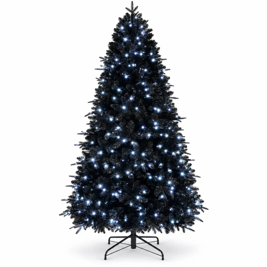 6 ft Prelit Black Artificial Christmas Tree with 350 White LED Lights, 1,460 PE/PVC Tips, Hinged Branches and Metal Stand