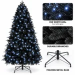 6 ft Prelit Black Artificial Christmas Tree with 350 White LED Lights, 1,460 PE/PVC Tips, Hinged Branches and Metal Stand