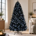 6 ft Prelit Black Artificial Christmas Tree with 350 White LED Lights, 1,460 PE/PVC Tips, Hinged Branches and Metal Stand