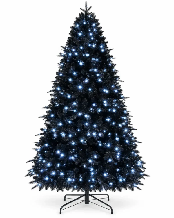 7 ft Prelit Black Artificial Christmas Tree with 450 White LED Lights, 1,916 PE/PVC Tips, Hinged Branches and Metal Stand