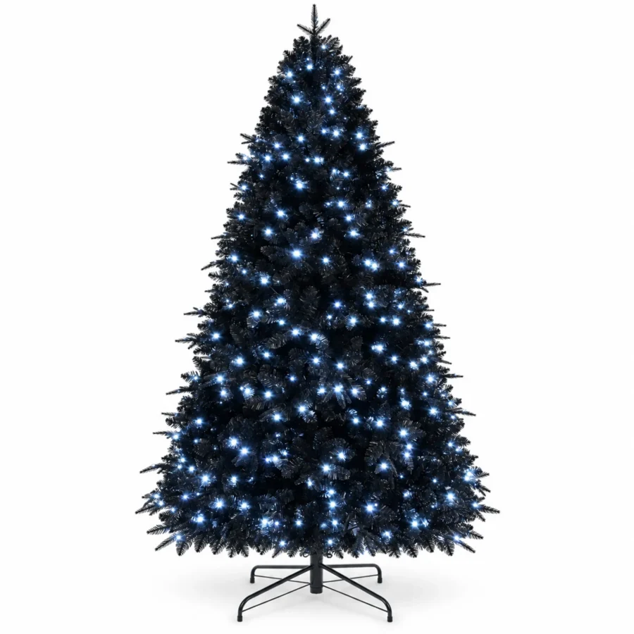 7 ft Prelit Black Artificial Christmas Tree with 450 White LED Lights, 1,916 PE/PVC Tips, Hinged Branches and Metal Stand