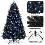 7 ft Prelit Black Artificial Christmas Tree with 450 White LED Lights, 1,916 PE/PVC Tips, Hinged Branches and Metal Stand