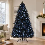 7 ft Prelit Black Artificial Christmas Tree with 450 White LED Lights, 1,916 PE/PVC Tips, Hinged Branches and Metal Stand