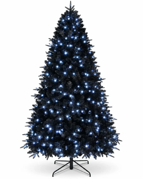 7.5 ft Prelit Black Artificial Christmas Tree with 500 White LED Lights, 2,156 PE/PVC Tips, Hinged Branches and Metal Stand