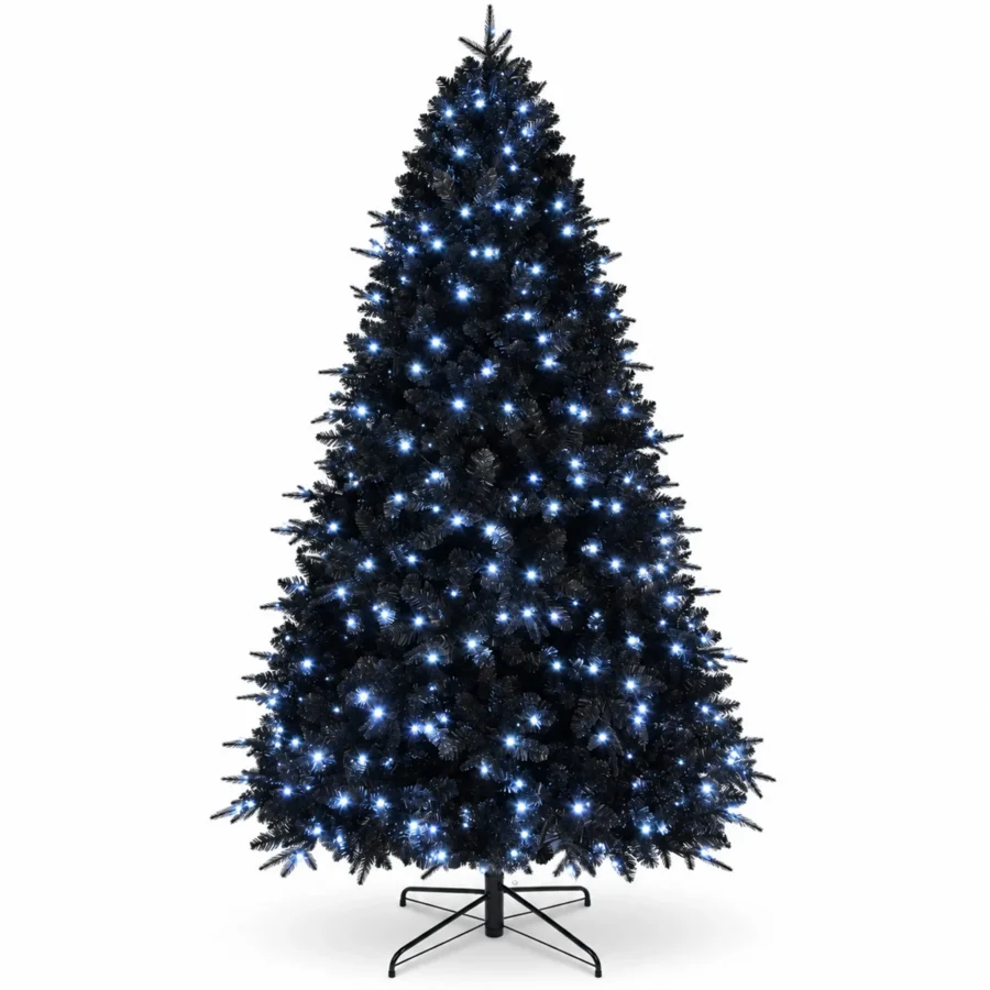 7.5 ft Prelit Black Artificial Christmas Tree with 500 White LED Lights, 2,156 PE/PVC Tips, Hinged Branches and Metal Stand