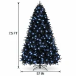 7.5 ft Prelit Black Artificial Christmas Tree with 500 White LED Lights, 2,156 PE/PVC Tips, Hinged Branches and Metal Stand
