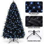7.5 ft Prelit Black Artificial Christmas Tree with 500 White LED Lights, 2,156 PE/PVC Tips, Hinged Branches and Metal Stand