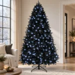 7.5 ft Prelit Black Artificial Christmas Tree with 500 White LED Lights, 2,156 PE/PVC Tips, Hinged Branches and Metal Stand