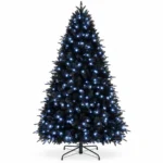 8 ft Prelit Black Artificial Christmas Tree with 600 White LED Lights, 2,486 PE/PVC Tips, Hinged Branches and Metal Stand