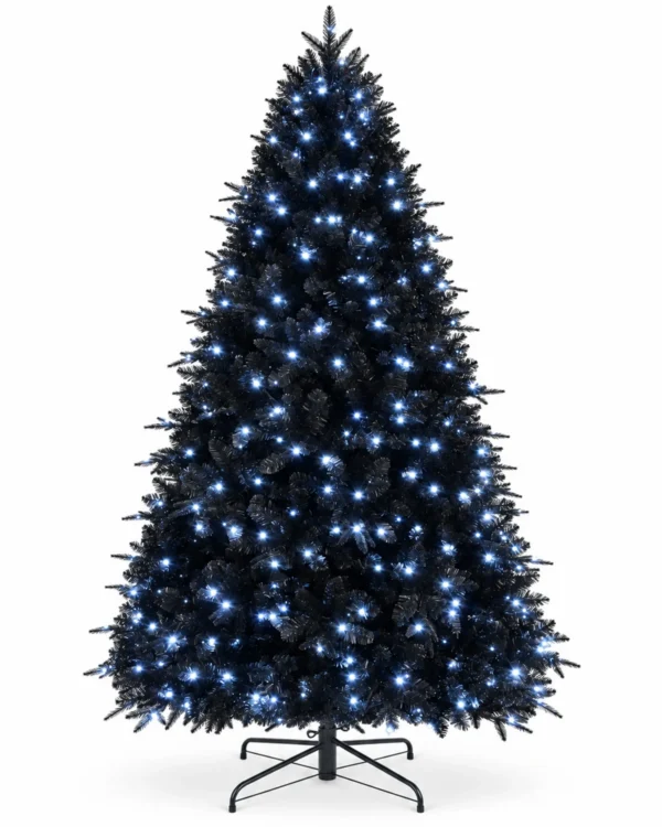 8 ft Prelit Black Artificial Christmas Tree with 600 White LED Lights, 2,486 PE/PVC Tips, Hinged Branches and Metal Stand