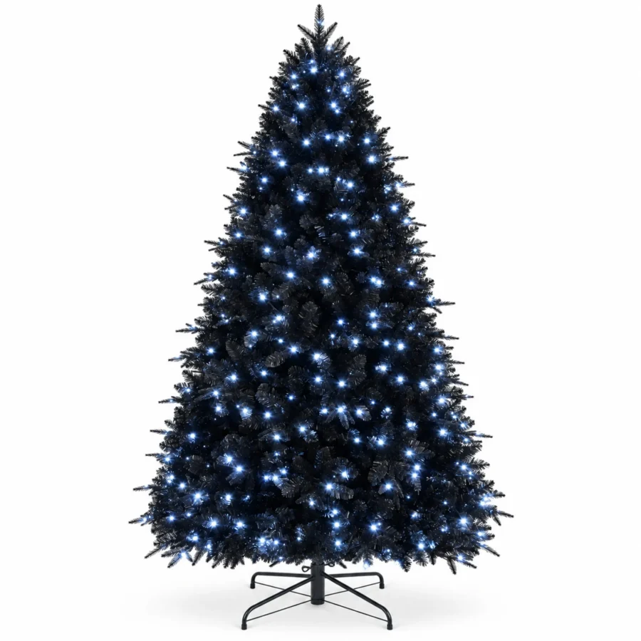 8 ft Prelit Black Artificial Christmas Tree with 600 White LED Lights, 2,486 PE/PVC Tips, Hinged Branches and Metal Stand