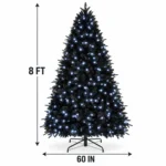 8 ft Prelit Black Artificial Christmas Tree with 600 White LED Lights, 2,486 PE/PVC Tips, Hinged Branches and Metal Stand