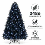 8 ft Prelit Black Artificial Christmas Tree with 600 White LED Lights, 2,486 PE/PVC Tips, Hinged Branches and Metal Stand