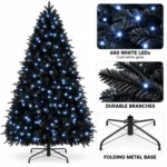8 ft Prelit Black Artificial Christmas Tree with 600 White LED Lights, 2,486 PE/PVC Tips, Hinged Branches and Metal Stand