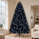 8 ft Prelit Black Artificial Christmas Tree with 600 White LED Lights, 2,486 PE/PVC Tips, Hinged Branches and Metal Stand