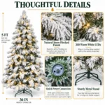 5 ft Flocked Artificial Christmas Tree, 375 Tips, 200 Warm White Lights