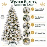 5 ft Flocked Artificial Christmas Tree, 375 Tips, 200 Warm White Lights
